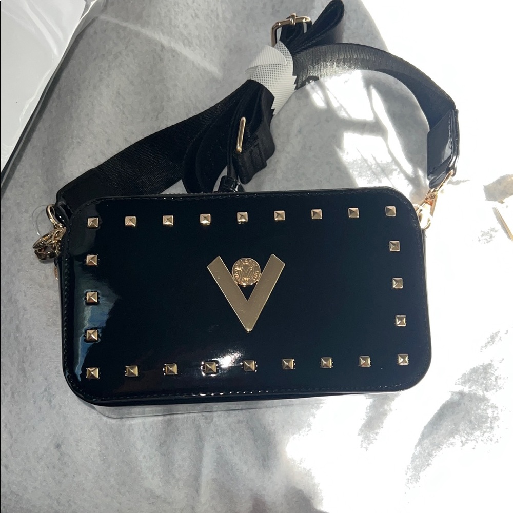 Valentino Orlandi Black Patent Studded Crossbody Camera Bag